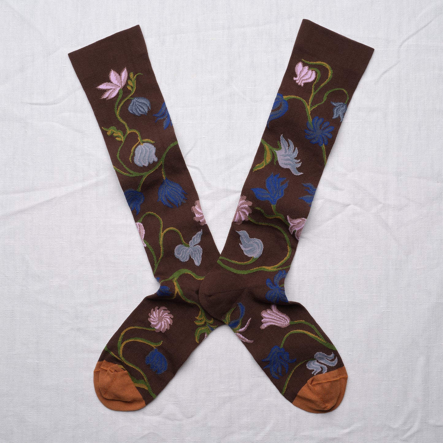 MI-BAS BONNE MAISON - 100% cotton FLEURS CHATAIGNE