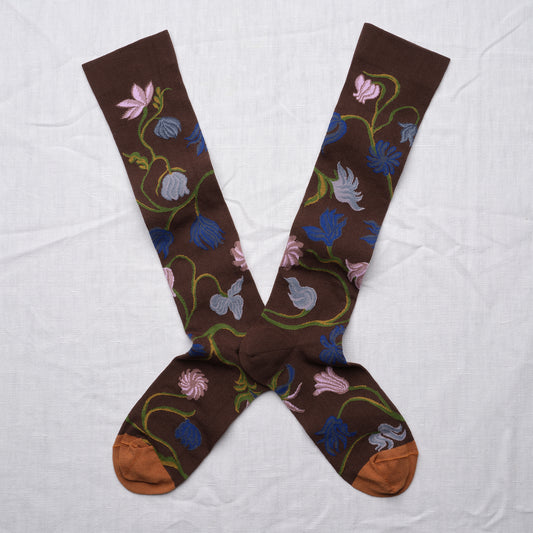 MI-BAS BONNE MAISON - 100% cotton FLEURS CHATAIGNE